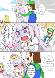 Rule 34 | &gt; &lt;, 2girls, :t, blonde hair, blue eyes, blush, brown hair, comic, crown, dress, earrings, embarrassed, english text, engrish text, facial hair, flying sweatdrops, gloves, jewelry, long hair, luigi, luigi&#039;s mansion, mario (series), multiple girls, mustache, new super mario bros. u deluxe, nintendo, open mouth, piranha plant, pointy ears, pout, princess king boo, princess peach, puffy short sleeves, puffy sleeves, ranguage, red eyes, sesield, short sleeves, surprised, super crown, surprised, white dress, white hair