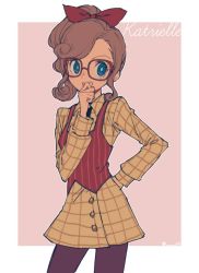 Rule 34 | 1girl, bad id, bad twitter id, blue eyes, bow, bright pupils, brown hair, character name, glasses, hair bow, hand on own hip, katrielle layton, layton&#039;s mystery journey, ponytail, professor layton, solo, tweed, waistcoat