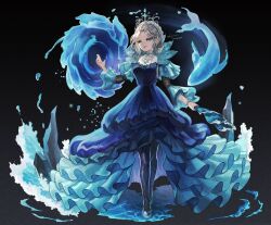 Rule 34 | 1girl, absurdres, black background, black pantyhose, blonde hair, blue dress, blue eyes, blue nails, bracelet, braid, collar, dolphin, dress, french braid, frilled dress, frilled sleeves, frills, full body, grey footwear, hair bun, high-low skirt, highres, holding, holding weapon, identity v, jewelry, layered dress, mary (identity v), mentai shijimi, necklace, pantyhose, parted bangs, parted lips, rock, shoes, single hair bun, sleeves past elbows, smile, solid eyes, solo, standing, supportasse, tiara, water, weapon