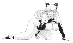Rule 34 | 1girl, all fours, animal ears, barefoot, breasts, breasts out, cat ears, cleavage, curly hair, dragon quest, dragon quest iii, fake animal ears, fang, flipped hair, greyscale, hanging breasts, huge breasts, large breasts, leotard, long hair, looking at viewer, monochrome, nipples, open mouth, orushibu, paw pose, plump, simple background, smile, soldier (dq3), solo, thick thighs, thighs, white background