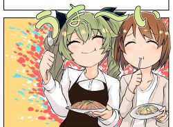 Rule 34 | 2girls, :t, anchovy (girls und panzer), apron, barashiya, black apron, brown hair, brown sweater, cardigan, casual, closed mouth, collared shirt, commentary, dress shirt, drill hair, eating, food, fork, girls und panzer, green hair, holding, holding fork, holding plate, long hair, long sleeves, multiple girls, nishizumi miho, outside border, pasta, plate, shirt, short hair, smile, spaghetti, sweater, translated, twin drills, twintails, utensil in mouth, white shirt