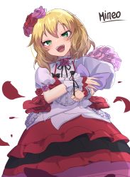 Rule 34 | 1girl, :d, absurdres, blonde hair, bouquet, damarinasai (mineo), falling petals, flower, green eyes, hair flower, hair ornament, highres, holding, holding bouquet, idolmaster, idolmaster cinderella girls, looking at viewer, open mouth, petals, puffy short sleeves, puffy sleeves, rose, rose petals, sakurai momoka, short sleeves, simple background, smile, solo, white background, wrist cuffs