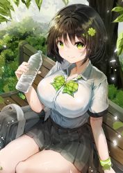 Rule 34 | 1girl, bench, bottle, bow, breasts, closed mouth, collared shirt, commentary request, day, green eyes, hair ornament, highres, hiromaster sinta jh, holding, holding bottle, large breasts, looking at viewer, original, outdoors, pleated skirt, school uniform, shirt, shirt tucked in, short hair, short sleeves, sitting, skirt, smile, solo, tree, white shirt