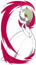Rule 34 | 1girl, absurdres, afuron, aura, bob cut, closed mouth, colored skin, covered navel, creatures (company), dress, elbow gloves, female focus, flat chest, full body, game freak, gardevoir, gen 3 pokemon, gloves, green hair, hair over one eye, highres, long dress, looking at viewer, mega gardevoir, mega pokemon, nintendo, one eye covered, own hands together, pokemon, pokemon (creature), red eyes, ringed eyes, short hair, solo, standing, strapless, strapless dress, white background, white dress, white gloves, white skin