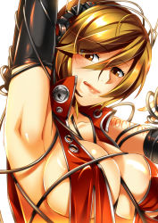 Rule 34 | 1girl, :p, :q, armpits, between breasts, breasts, brown hair, caffein, cleavage, highres, large breasts, licking lips, lips, meiko (vocaloid), solo, tongue, tongue out, vocaloid