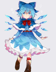 Rule 34 | 1girl, :o, adapted costume, asymmetrical legwear, belt, blue bow, blue capelet, blue eyes, blue hair, blue shirt, blue skirt, blue wings, boots, bow, bowtie, brown footwear, capelet, cirno, fur-trimmed capelet, fur trim, grey background, hair bow, highres, ice, ice wings, leg lift, long sleeves, looking at viewer, mismatched legwear, purple legwear, red belt, red bow, red bowtie, red legwear, satoupote, shirt, short hair, simple background, skirt, skirt hold, solo, standing, standing on one leg, touhou, wings