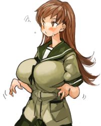 Rule 34 | 10s, 1girl, blush, breasts, brown eyes, brown hair, huge breasts, kantai collection, long hair, ooi (kancolle), perky breasts, sachito, school uniform, serafuku, short sleeves, simple background, solo, sweatdrop, white background
