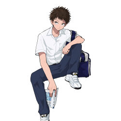 Rule 34 | 1boy, bag, black pants, book, brown eyes, brown hair, collared shirt, commentary request, highres, holding, holding book, invisible chair, male focus, original, pants, school bag, shirt, shoes, sitting, sneakers, solo, white shirt, yonchi