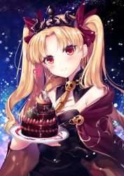 Rule 34 | 1girl, black leotard, blonde hair, blush, cake, cape, chocolate cake, earrings, ereshkigal (fate), fate/grand order, fate (series), food, heart, highres, holding, holding cake, holding food, jewelry, kisaragi saki, leotard, long hair, looking at viewer, parted bangs, red eyes, red ribbon, ribbon, single sleeve, skull, smile, snowing, spine, tiara, tohsaka rin, tray, two side up