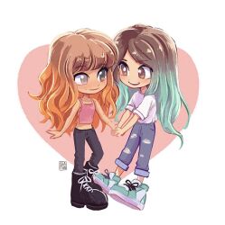 Rule 34 | 2girls, aqua hair, artist name, brown background, brown eyes, brown hair, commentary, cropped shirt, denim, english commentary, full body, gradient hair, grey eyes, heart, heart background, holding hands, jeans, long hair, multicolored hair, multiple girls, original, pants, pink shirt, seatha, shirt, simple background, sleeveless, sleeveless shirt, smile, standing, teeth, torn clothes, torn pants, two-tone background, two-tone hair, upper teeth only, white background, white shirt, yuri