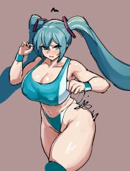 Rule 34 | 1girl, 9is, absurdres, alternate breast size, alternate costume, aqua eyes, aqua hair, armpits, biceps, blush, breasts, collarbone, covered erect nipples, cowboy shot, curvy, deltoids, double-parted bangs, fighting stance, frontal wedgie, hair ornament, hatsune miku, highleg, highleg panties, highres, huge breasts, long hair, nose blush, open mouth, panties, partially visible vulva, signature, skindentation, sports bra, thighhighs, twintails, underwear, very long hair, vocaloid, wedgie, workout clothes, wrestling outfit, wristband