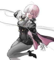Rule 34 | + +, 1girl, ahoge, black cape, black jacket, black pantyhose, blue eyes, breasts, cape, closed mouth, gloves, goddess of victory: nikke, high heels, jacket, liliweiss (nikke), looking at viewer, medium breasts, military uniform, multicolored hair, pantyhose, pink hair, purple cape, short hair, simple background, smile, snake wuwaefine, solo, star-shaped pupils, star (symbol), symbol-shaped pupils, two-tone cape, two-tone hair, uniform, white background, white gloves, white hair