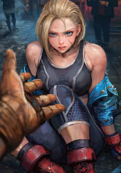 Rule 34 | 1girl, bare shoulders, black choker, black sports bra, blonde hair, blue choker, blue eyes, blue jacket, bob cut, breasts, cammy white, choker, commentary, facial scar, highres, jacket, looking at viewer, medium breasts, miche, off shoulder, open clothes, open jacket, pants, parted lips, pov, red footwear, road, scar, scar on cheek, scar on face, short hair, sports bra, street, street fighter, street fighter 6, studded sleeves, yoga pants