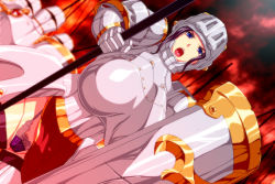 Rule 34 | 1girl, armor, army, blue eyes, breasts, cameltoe, dutch angle, groin, helmet, highleg, highleg panties, highres, holding, huge breasts, inja no kuruwa, knight, lace, lace-trimmed panties, lace trim, legs, looking at viewer, open mouth, original, panties, purple hair, purple panties, serious, shield, solo focus, standing, thighs, thong, underwear, weapon