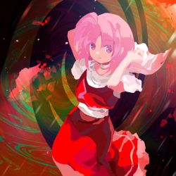 Rule 34 | 1girl, abstract background, arms behind head, cape, choker, closed mouth, commentary request, floating cape, frilled skirt, frills, happy, kaigen 1025, looking at viewer, multicolored background, pink eyes, pink hair, red shirt, red skirt, sara (touhou), sash, shirt, short hair, short sleeves, skirt, smile, solo, touhou, touhou (pc-98), white cape, white choker, white sash, white sleeves