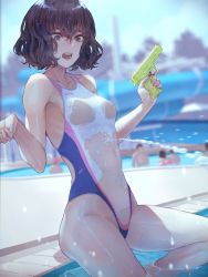 Rule 34 | 1girl, black eyes, black hair, breasts, competition swimsuit, highres, holding, holding water gun, kaoming, nanjou ao, navel, one-piece swimsuit, open mouth, original, poolside, see-through, short hair, sitting, solo focus, swimsuit, teeth, water, water gun, white one-piece swimsuit