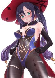 Rule 34 | 1girl, aqua eyes, armpits, bae.c, bare shoulders, black gloves, black hair, black pantyhose, blue leotard, blush, breasts, cape, cowboy shot, earrings, elbow gloves, embarrassed, genshin impact, gloves, gold trim, hat, highleg, highleg leotard, highres, jewelry, leotard, long hair, looking at viewer, mona (genshin impact), open mouth, pantyhose, sidelocks, simple background, small breasts, solo, strapless, strapless leotard, twintails, white background, witch hat