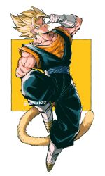 Rule 34 | 1boy, absurdres, arm up, artist name, biceps, blonde hair, blue eyes, blue pants, blue sash, boots, closed mouth, collarbone, dougi, dragon ball, dragonball z, earrings, full body, gloves, hand on own hip, highres, jewelry, leg up, looking at viewer, male focus, monkey tail, muscular, muscular male, orange shirt, pants, pectorals, potara earrings, relio db318, sash, shirt, short sleeves, simple background, solo, spiked hair, super saiyan, super saiyan 1, tail, twitter username, two-tone background, v-shaped eyebrows, vegetto, veins, white background, white footwear, white gloves, yellow background
