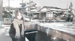 Rule 34 | 1girl, beige scarf, black coat, brown eyes, brown hair, building, canal, closed mouth, coat, commentary request, expressionless, hands in pockets, long hair, looking at viewer, original, outdoors, road sign, scarf, sign, snow, solo, tree, upper body, wamizu, winter clothes