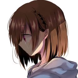Rule 34 | 1girl, bad id, bad pixiv id, bob cut, braid, brown hair, commentary request, crying, crying with eyes open, grey hoodie, hair between eyes, hood, hood down, hoodie, naoton, original, portrait, profile, purple eyes, short hair, simple background, solo, tears, white background