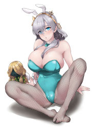 Rule 34 | 1girl, anastasia (fate), animal ears, bare shoulders, blush, bow, bowtie, breasts, cleavage, detached collar, fake animal ears, fate/grand order, fate (series), fishnet pantyhose, fishnets, grey hair, hair over one eye, large breasts, leotard, long hair, looking at viewer, open mouth, pantyhose, playboy bunny, rabbit ears, sitting, soba (saz), solo, spread legs, viy (fate)