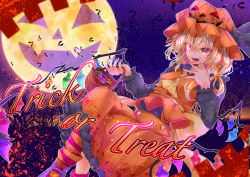 Rule 34 | 1girl, absurdres, alternate color, bare tree, basket, bat (animal), black shirt, blonde hair, calpis118, candy, dusk, english text, flandre scarlet, food, frilled skirt, frills, hair between eyes, halloween, halloween bucket, halloween costume, hat, highres, holding, holding basket, long sleeves, mary janes, mob cap, multicolored clothes, multicolored legwear, nail polish, orange hat, orange skirt, orange vest, outdoors, pink nails, purple footwear, rainbow order, shirt, shoes, skirt, skirt set, socks, solo, tongue, touhou, tree, trick or treat, vest, wings