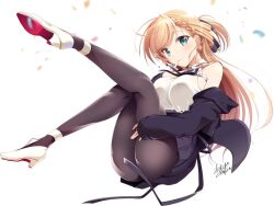 Rule 34 | 1girl, araragi ayune, black jacket, black pantyhose, black skirt, blonde hair, blush, braid, breasts, closed mouth, collared shirt, commentary request, confetti, fetal position, finger to mouth, floating, french braid, full body, green eyes, hand on own chest, hand on own thigh, heart, high heels, jacket, large breasts, legs up, long hair, looking at viewer, miniskirt, off shoulder, open clothes, open jacket, original, pantyhose, pleated skirt, red footwear, rinna milford, shirt, short ponytail, simple background, skirt, sleeveless, sleeveless shirt, smile, solo, two-tone footwear, white background, white footwear