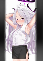 Rule 34 | 1girl, :/, ahoge, armpits, arms behind head, arms up, atg (wttoo0202), bare shoulders, black skirt, blue archive, blurry, blurry foreground, blush, center frills, commentary request, cowboy shot, demon horns, depth of field, frilled shirt, frills, halo, hand in own hair, hands in hair, highres, hina (blue archive), horns, long hair, looking at viewer, miniskirt, multiple horns, paid reward available, purple eyes, shirt, side slit, simple background, skirt, sleeveless, sleeveless shirt, very long hair, white background, white hair, white shirt