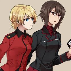 Rule 34 | 10s, 2girls, black jacket, blonde hair, blue eyes, braid, brown eyes, brown hair, clipboard, closed mouth, commentary request, darjeeling (girls und panzer), dress shirt, epaulettes, girls und panzer, holding, jacket, kuromorimine military uniform, light frown, long sleeves, looking at another, looking at viewer, military, military uniform, multiple girls, nishizumi maho, open mouth, red jacket, red shirt, ree (re-19), shirt, short hair, simple background, st. gloriana&#039;s military uniform, standing, twin braids, uniform, upper body, wing collar