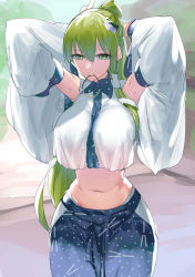 Rule 34 | 1girl, absurdres, alternate hairstyle, arms behind head, bag, breasts, commentary request, crop top, crop top overhang, detached sleeves, frog hair ornament, green eyes, green hair, gunnjou yosio, hair between eyes, hair ornament, hair tie in mouth, hair tubes, hairclip, highres, kochiya sanae, large breasts, midriff, mouth hold, navel, ponytail, single sidelock, solo, sweat, touhou, tying hair, wide sleeves
