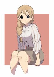 Rule 34 | 1girl, absurdres, blonde hair, blouse, blue eyes, braid, brown skirt, closed mouth, collared shirt, commentary request, hair ornament, hair scrunchie, highres, k-on!, kicchi (tmgk), kotobuki tsumugi, light blush, long hair, long sleeves, looking at viewer, orange background, partial commentary, scrunchie, shirt, single braid, skirt, solo, thick eyebrows, white background, white shirt