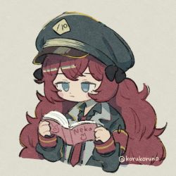 Rule 34 | 1girl, armband, black hat, black jacket, black shirt, blue archive, blue eyes, blush stickers, book, closed mouth, collared shirt, cropped torso, empty eyes, grey background, hands up, hat, highres, holding, holding book, iroha (blue archive), jacket, koru koruno, long hair, long sleeves, necktie, open book, open clothes, open jacket, peaked cap, puffy long sleeves, puffy sleeves, red hair, red necktie, romaji text, safety pin, shirt, sleeves past wrists, solo, twitter username, upper body, very long hair