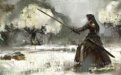 Rule 34 | 1girl, armor, armored dress, blurry, brown capelet, brown dress, brown footwear, brown gloves, brown hair, capelet, commentary, dress, egnigem cenia, elvafirst, english commentary, fighting stance, full body, gauntlets, gloves, highres, holding, holding sword, holding weapon, long dress, long hair, long sleeves, long sword, no eyes, no mouth, profile, ragnarok online, ragnarok the animation, scabbard, sheath, shoes, snow, snowing, solo, standing, sword, swordsman (ragnarok online), training, tree, two-handed sword, weapon