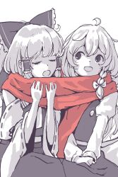 Rule 34 | 2girls, ahoge, bow, braid, closed eyes, detached sleeves, frilled bow, frilled hair tubes, frills, greyscale, hair bow, hair tubes, hakurei reimu, hands on lap, hands up, highres, kirisame marisa, long hair, long sleeves, monochrome, multiple girls, open mouth, own hands together, red scarf, ribbon-trimmed sleeves, ribbon trim, satyuas, scarf, shared clothes, shared scarf, side braid, single braid, sitting, spot color, touhou, upper body, white background, wide sleeves