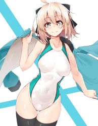 Rule 34 | 1girl, adapted costume, ahoge, bare shoulders, black bow, black thighhighs, blonde hair, blue jacket, blush, bow, breasts, brown eyes, closed mouth, collarbone, competition swimsuit, covered erect nipples, covered navel, cowboy shot, dutch angle, eyelashes, fate (series), gluteal fold, groin, hair between eyes, hair bow, highres, jacket, jacket on shoulders, koha-ace, looking at viewer, medium breasts, okita souji (fate), okita souji (koha-ace), one-piece swimsuit, open clothes, open jacket, short hair, shunichi, skin tight, smile, solo, standing, swimsuit, tareme, thigh gap, thighhighs, two-tone background, white one-piece swimsuit