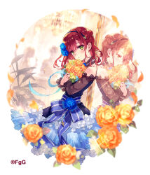 1girl absurdres ascalon_(phantom_of_the_kill) blue_flower blue_rose bouquet closed_mouth commentary_request da-kuro dress flower from_side green_eyes hairband highres holding holding_bouquet looking_at_viewer medium_skirt mirror official_alternate_costume official_art orange_flower orange_rose phantom_of_the_kill red_hair reflection ribbon rose second-party_source skirt smile solo standing white_background yellow_flower yellow_rose