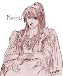 Rule 34 | 1boy, cape, closed mouth, dated, kazuki-mendou, tolkien&#039;s legendarium, looking at viewer, maedhros, male focus, monochrome, pink theme, ponytail, signature, simple background, smile, solo, the silmarillion, white background
