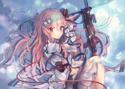 Rule 34 | 1girl, absurdres, blue sky, bow, bowtie, braid, fetal position, full body, general-purpose machine gun, girls&#039; frontline, glint, gloves, gun, hair bow, hair ornament, hairclip, hexagram, highres, imi negev, iwi negev, jacket, light machine gun, long hair, long sleeves, looking at viewer, lying, machine gun, midriff, military, military uniform, negev (girls&#039; frontline), nyaru nyaru, on side, one side up, open clothes, open jacket, pink hair, pleated skirt, red bow, red bowtie, red eyes, reflection, skirt, sky, solo, star (symbol), star hair ornament, star of david, string, string of fate, uniform, weapon, white gloves, white jacket, white skirt