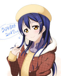Rule 34 | 10s, 1girl, 2017, blue hair, brown eyes, dated, fur trim, hair ornament, twirling hair, hairclip, hat, highres, hood, hooded jacket, jacket, long hair, looking at viewer, love live!, love live! school idol festival, love live! school idol project, shirt, smile, solo, sonoda umi, sweater, white background, yu-ta