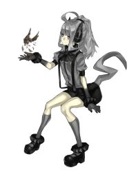 Rule 34 | 1girl, absurdres, balance (superdust), bird, black bow, black bowtie, black footwear, black gloves, black shorts, boots, bow, bowtie, bracer, closed mouth, commentary, full body, gloves, grey hair, grey socks, grey shirt, hand up, highres, horns, kneehighs, long hair, original, ponytail, purple eyes, shirt, short sleeves, shorts, simple background, smile, socks, solo, tail, white background