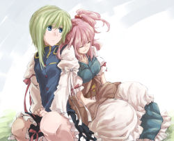 Rule 34 | 2girls, arm ribbon, asymmetrical hair, blue eyes, closed eyes, frilled skirt, frills, green hair, hair bobbles, hair ornament, hands on lap, kitsune maru, leaning on person, long sleeves, multiple girls, onozuka komachi, puffy long sleeves, puffy short sleeves, puffy sleeves, red hair, ribbon, shiki eiki, short sleeves, short twintails, sitting, skirt, touhou, twintails, two side up, vest