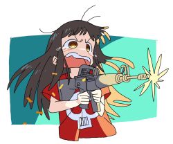 Rule 34 | 1girl, black hair, crying, crying with eyes open, ddasang, firing, gun, highres, holding, long hair, open mouth, orange eyes, original, shirt, solo, tears, upper body, water gun, weapon