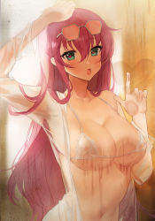 Rule 34 | 1girl, :o, against glass, arm up, azur lane, bare shoulders, bikini, blush, breasts, cleavage, collarbone, covered erect nipples, eyewear on head, green eyes, grey-framed eyewear, hair between eyes, heart, heart-shaped pupils, large breasts, long hair, long sleeves, looking at viewer, micro bikini, navel, open clothes, open mouth, open shirt, pink-tinted eyewear, pink hair, shirt, solo, stomach, sunglasses, surcouf (azur lane), surcouf (loisirs balneaires) (azur lane), swimsuit, symbol-shaped pupils, tinted eyewear, upper body, very long hair, water drop, wet, wet clothes, wet shirt, white bikini, white shirt, yayako (804907150)