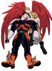 Rule 34 | 2boys, 2elu2, armor, bara, beard, blue bodysuit, blue eyes, bodysuit, boku no hero academia, covered abs, endeavor (boku no hero academia), facial hair, feathered wings, fire, full body, hawks (boku no hero academia), highres, large pectorals, male focus, mature male, multiple boys, muscular, muscular male, pauldrons, pectorals, red hair, red wings, scar, scar across eye, scar on face, short hair, shoulder armor, sideburns, spiked hair, thick thighs, thighs, wings