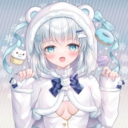 Rule 34 | 1girl, :d, animal ears, animal hood, bear ears, bear hood, blue bow, blue eyes, blue nails, blush, bow, breasts, capelet, cloud hair ornament, commentary request, cupcake, diagonal stripes, doughnut, dress, fake animal ears, food, fur-trimmed capelet, fur-trimmed hood, fur trim, grey background, grey hair, hair ornament, hairclip, hands up, hood, hood up, hooded capelet, kohinata hoshimi, long sleeves, looking at viewer, macaron, nail polish, open mouth, original, plaid, plaid bow, sleeves past wrists, small breasts, smile, snowflake hair ornament, solo, striped, striped background, twintails, upper body, white capelet, white dress