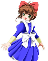 Rule 34 | 1990s (style), 1girl, :d, blue dress, brown hair, cardcaptor sakura, child, clothes, dress, flipper, from behind, green eyes, juliet sleeves, kinomoto sakura, long hair, long sleeves, looking at viewer, looking back, open mouth, outstretched arms, puffy long sleeves, puffy sleeves, retro artstyle, simple background, smile, solo