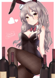Rule 34 | 1girl, :3, absurdres, alcohol, animal ears, black leotard, black pantyhose, blush, border, bow, bowtie, breasts, brown eyes, covered navel, detached collar, fake animal ears, fake tail, fishnet pantyhose, fishnets, grey hair, hair between eyes, hat, highres, himura moritaka, kantai collection, leotard, long hair, pantyhose, pink background, playboy bunny, pola (kancolle), rabbit ears, rabbit tail, signature, sitting, small breasts, smile, solo, strapless, strapless leotard, tail, traditional bowtie, wavy hair, white border, wine, wrist cuffs