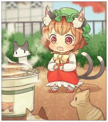 Rule 34 | 1girl, animal ears, bow, brown hair, cat, cat ears, cat tail, chen, commentary request, cooking, dress, drooling, ear piercing, earrings, fish, grill, grilling, hat, ibaraki natou, jewelry, long sleeves, mob cap, multiple tails, nekomata, open mouth, piercing, red dress, red eyes, shichirin, shirt, single earring, smile, solo, squatting, staring, tail, touhou