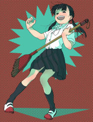 Rule 34 | 1girl, absurdres, air guitar, black eyes, black hair, black skirt, black socks, blouse, broom, broom guitar, collared shirt, commentary request, full body, halftone, halftone background, hands up, highres, holding, holding broom, kneehighs, long hair, looking at viewer, no sclera, open mouth, original, pleated skirt, red background, school uniform, shiki haru, shirt, shirt tucked in, shoes, short sleeves, skirt, smile, socks, solo, standing, teeth, twintails, unconventional guitar, upper teeth only, white footwear, white shirt