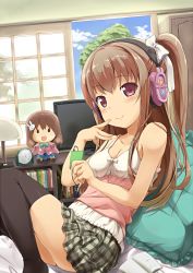 Rule 34 | 1girl, asahina momoko, bare arms, bed, black thighhighs, blue sky, blush, book, bookshelf, breasts, brown eyes, brown hair, camisole, character doll, cleavage, clock, closed mouth, cloud, collarbone, commentary request, day, frilled pillow, frills, girlfriend (kari), hair ornament, hand to own mouth, headphones, highres, indoors, kazemachi haruka, knees up, lamp, long hair, looking at viewer, on bed, one side up, pillow, rabbit hair ornament, revision, ribbon, side ponytail, sitting, skirt, sky, small breasts, smile, solo, stuffed toy, television, thighhighs, tree, utamaru (konomix), zettai ryouiki